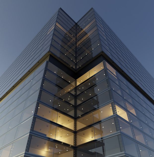 Low angle view of generic modern office skyscrapers ,high rise buildings with glass facades . Concepts of finances and economics background. 3d rendering .