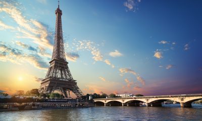 Eiffel Tower and bridge Iena on the river Seine in Paris, France.